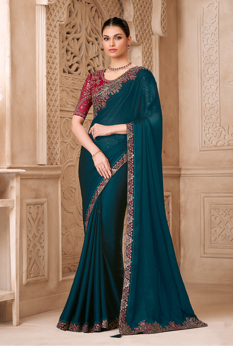 Dark Teal Color Satin Georgette Embroidered Fancy Designer Saree