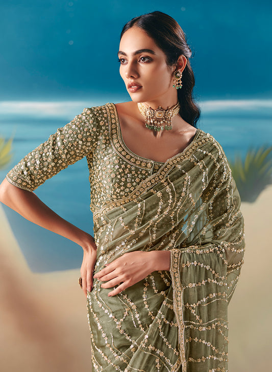 Light Olive Premium Fancy Fabric With Designer Embroidery Sequence Work Saree