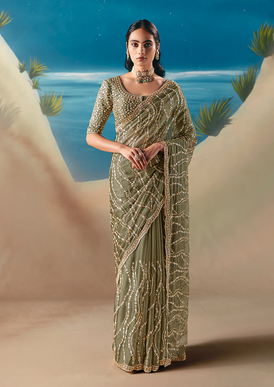 Light Olive Premium Fancy Fabric With Designer Embroidery Sequence Work Saree