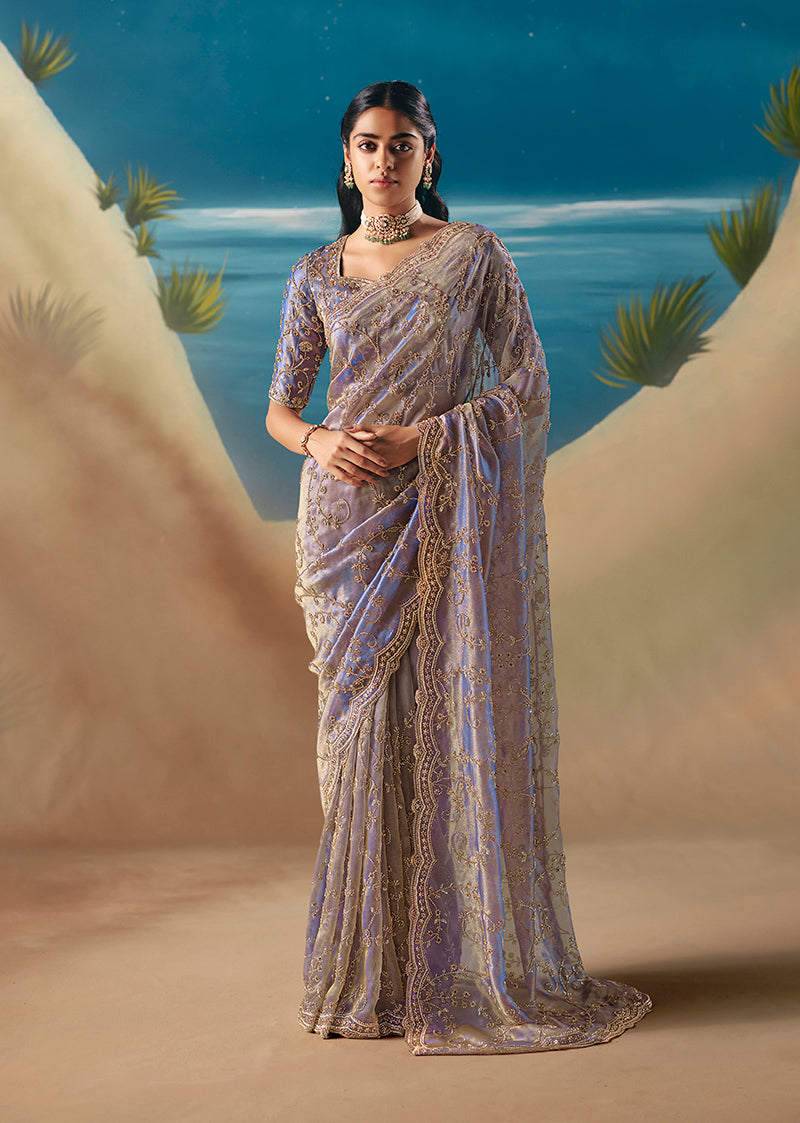 Lavender Premium Fancy Fabric With Designer Embroidery Sequence Work Saree