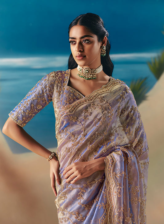 Lavender Premium Fancy Fabric With Designer Embroidery Sequence Work Saree