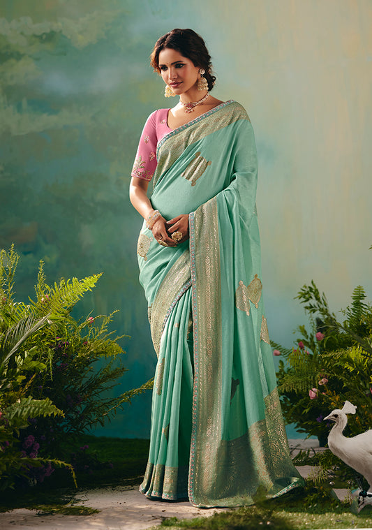 Light blue Viscose Dola Silk Wedding Wear Saree With Embroidery Worked Blouse