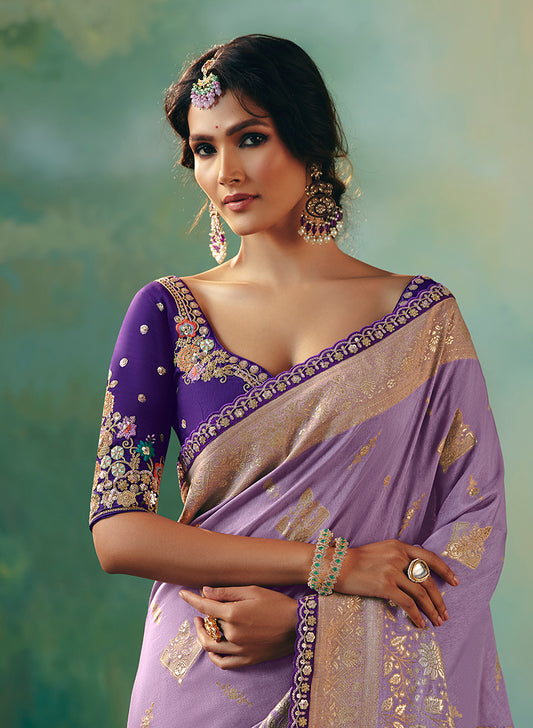 Lavender Viscose Dola Silk Wedding Wear Saree With Embroidery Worked Blouse