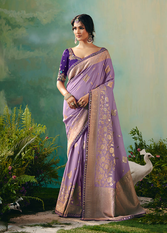 Lavender Viscose Dola Silk Wedding Wear Saree With Embroidery Worked Blouse