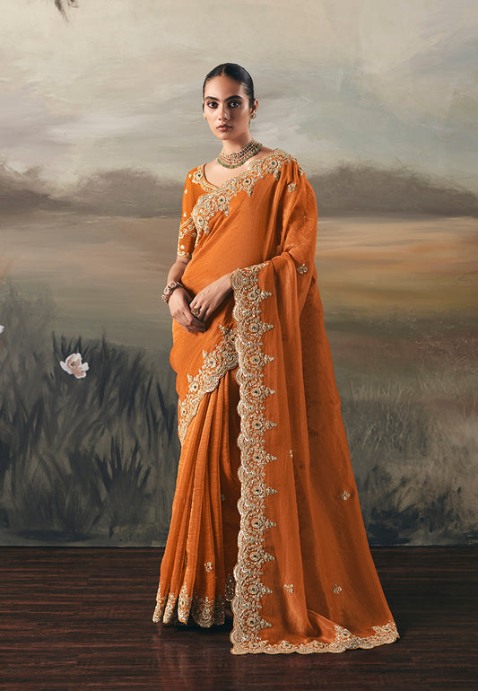 Orange Elegant Party And Wedding Wear Tissue Saree With Designer Contrast Hand Work Blouse