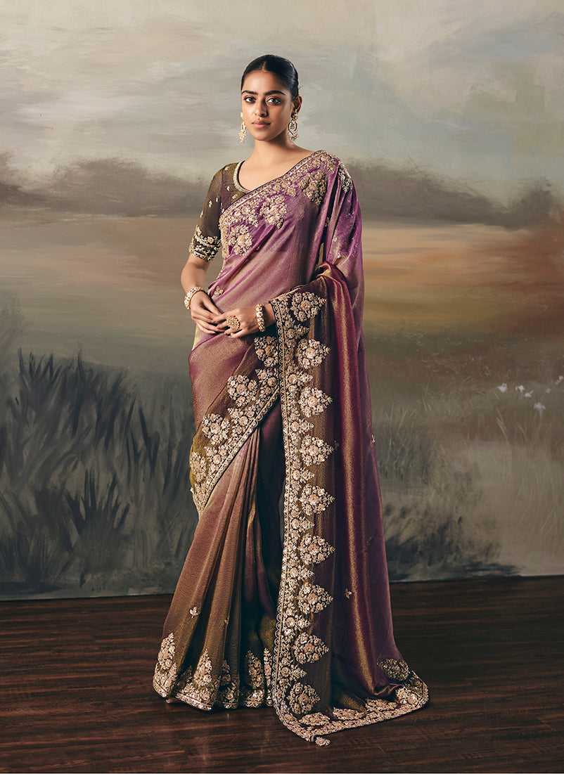 Multicolor Elegant Party And Wedding Wear Tissue Saree With Designer Contrast Hand Work Blouse