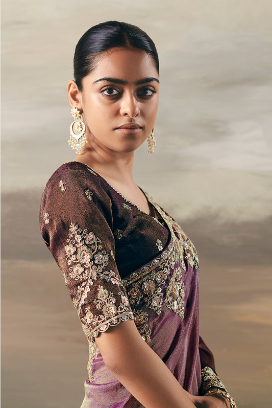 Multicolor Elegant Party And Wedding Wear Tissue Saree With Designer Contrast Hand Work Blouse