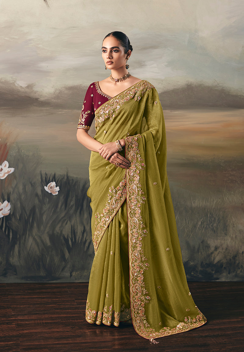 Olive Elegant Party And Wedding Wear Tissue Saree With Designer Contrast Hand Work Blouse