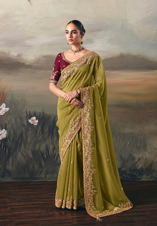 Olive Elegant Party And Wedding Wear Tissue Saree With Designer Contrast Hand Work Blouse