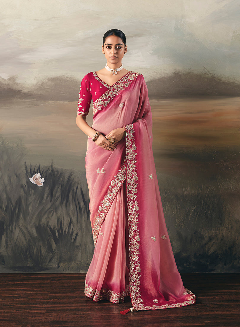 Light Pink Elegant Party And Wedding Wear Tissue Saree With Designer Contrast Hand Work Blouse
