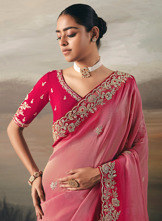 Light Pink Elegant Party And Wedding Wear Tissue Saree With Designer Contrast Hand Work Blouse