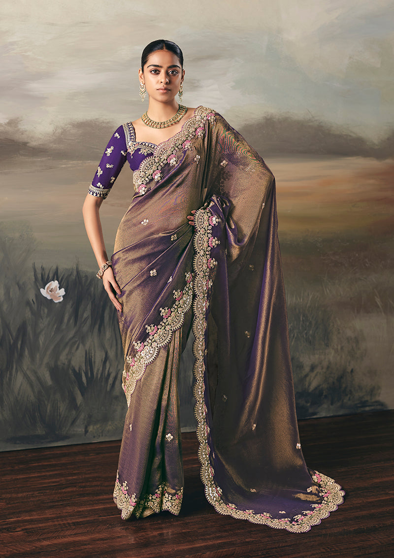 Gold blue Elegant Party And Wedding Wear Tissue Saree With Designer Contrast Hand Work Blouse