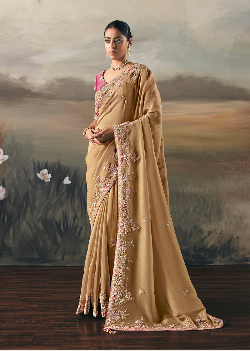 Chiku Elegant Party And Wedding Wear Tissue Saree With Designer Contrast Hand Work Blouse