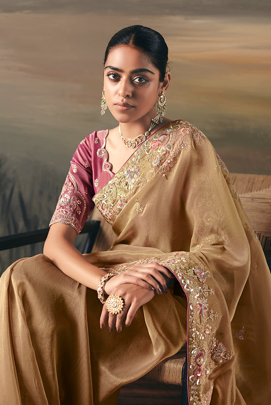 Chiku Elegant Party And Wedding Wear Tissue Saree With Designer Contrast Hand Work Blouse