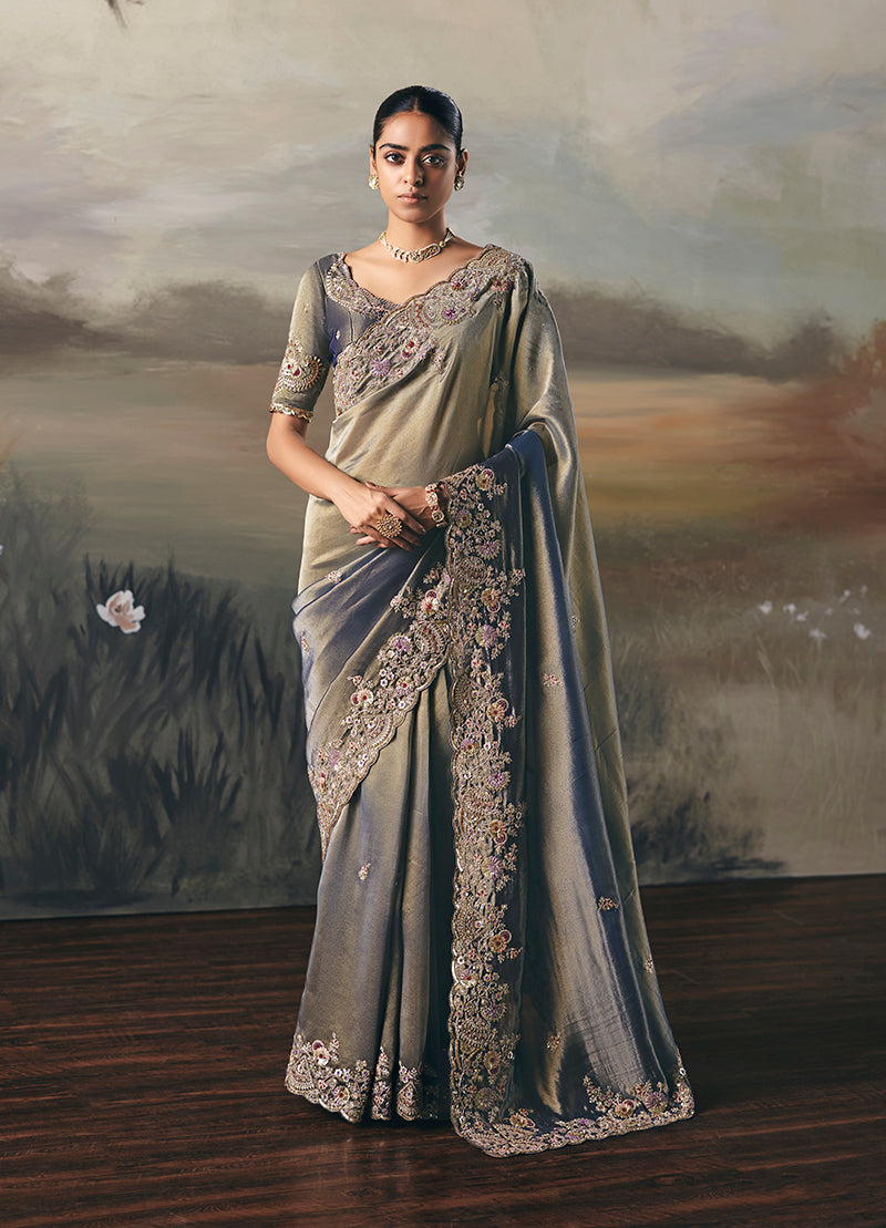 Grey Elegant Party And Wedding Wear Tissue Saree With Designer Contrast Hand Work Blouse
