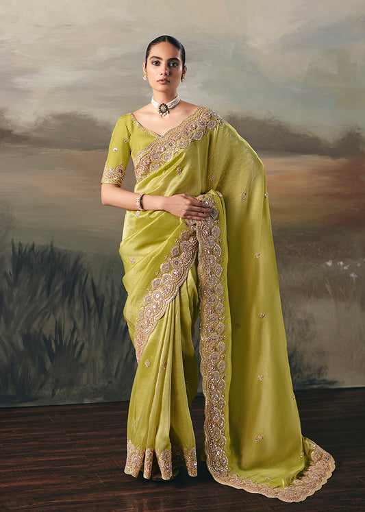 Parrot Green Elegant Party And Wedding Wear Tissue Saree With Designer Contrast Hand Work Blouse
