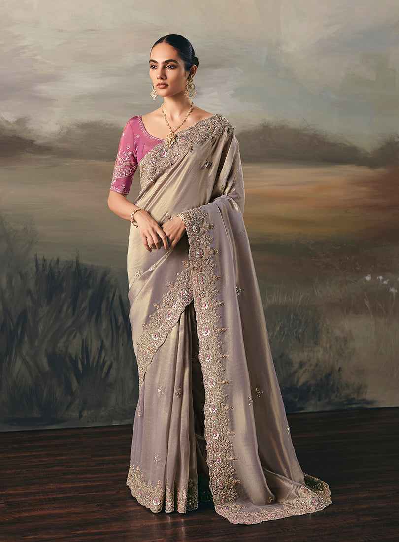 Silver Elegant Party And Wedding Wear Tissue Saree With Designer Contrast Hand Work Blouse