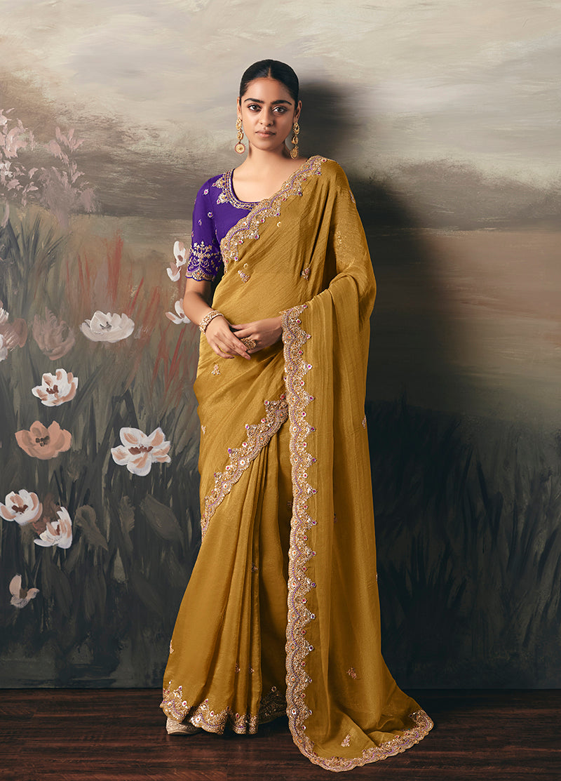 Mustard Elegant Party And Wedding Wear Tissue Saree With Designer Contrast Hand Work Blouse