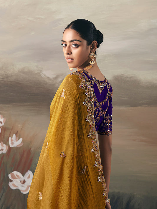 Mustard Elegant Party And Wedding Wear Tissue Saree With Designer Contrast Hand Work Blouse