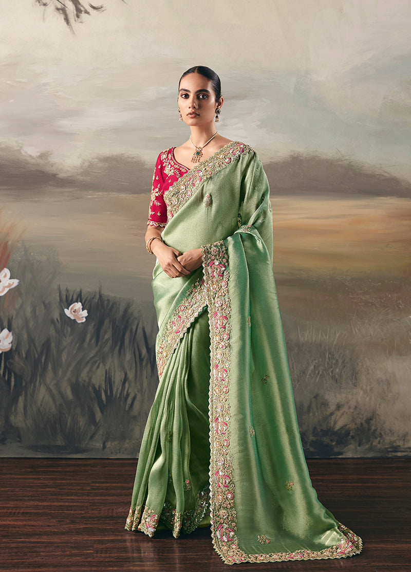 Pastel green Elegant Party And Wedding Wear Tissue Saree With Designer Contrast Hand Work Blouse