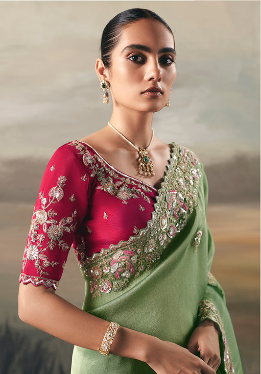 Pastel green Elegant Party And Wedding Wear Tissue Saree With Designer Contrast Hand Work Blouse