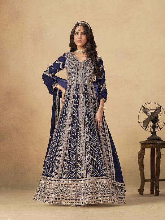 Faux Georgette Embroidered Navy blue Engagement Wear Anarkali Suit