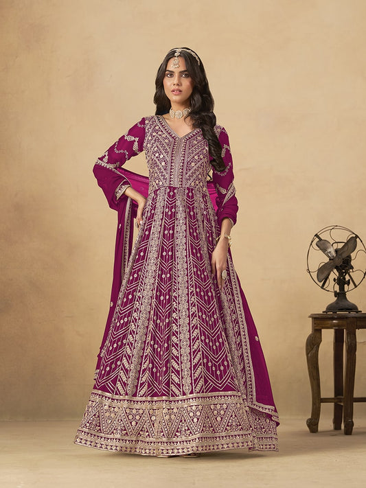 Faux Georgette Embroidered Rani Pink Engagement Wear Anarkali Suit