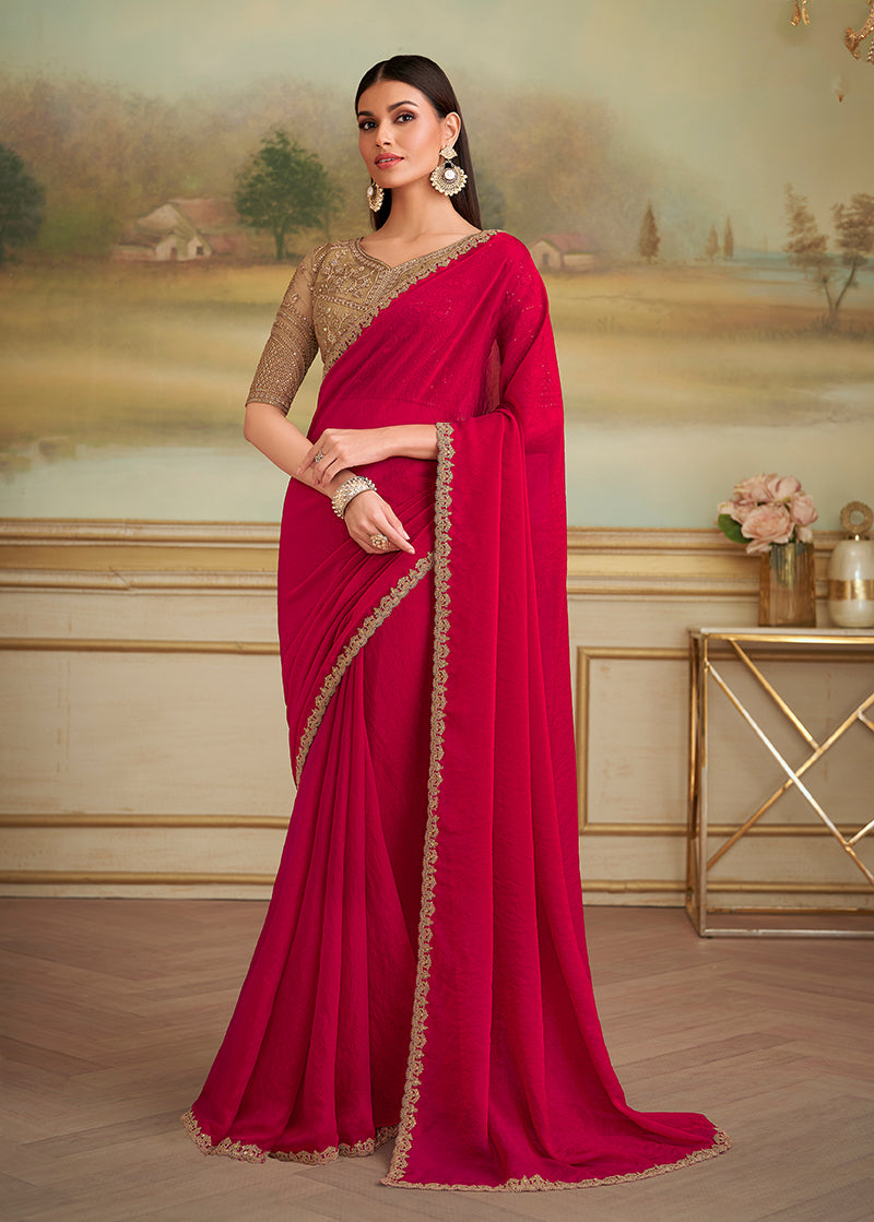 Red Shining Georgette Embroidered Border Party Trendy Saree