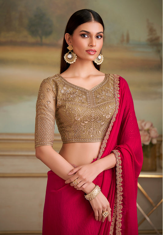 Red Shining Georgette Embroidered Border Party Trendy Saree