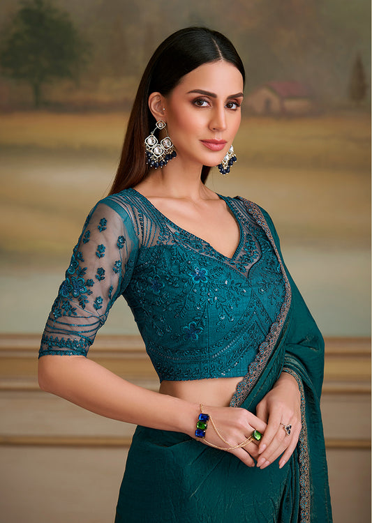 Bottle Green Shining Georgette Embroidered Border Party Trendy Saree