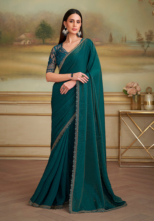Bottle Green Shining Georgette Embroidered Border Party Trendy Saree
