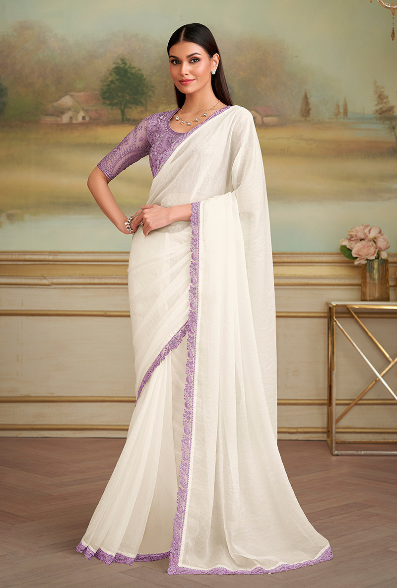 White Sparkle Georgette Embroidered Border Party Trendy Saree