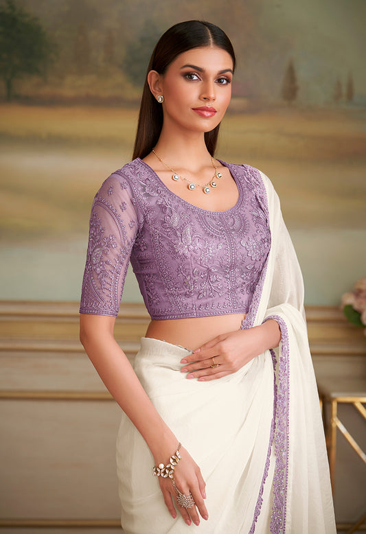 White Sparkle Georgette Embroidered Border Party Trendy Saree