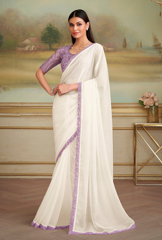 White Sparkle Georgette Embroidered Border Party Trendy Saree