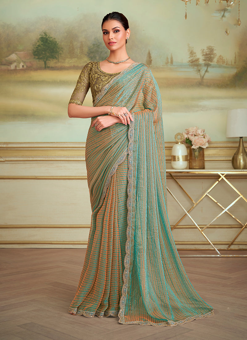 Multicolor Blossom Georgette Embroidered Border Party Trendy Saree