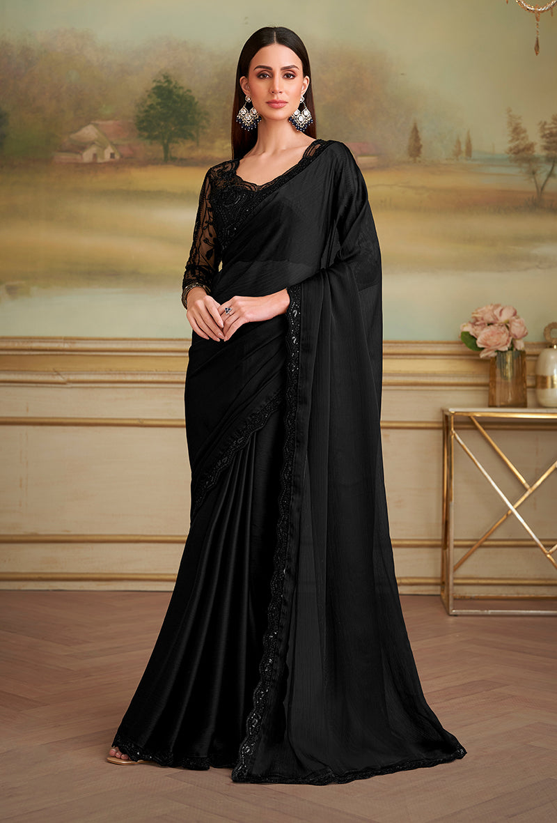 Black Satin Chiffon Embroidered Border Party Trendy Saree