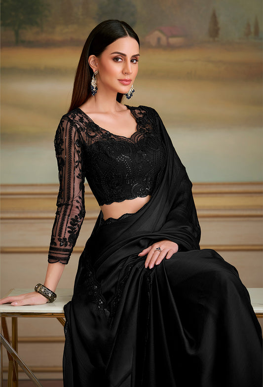Black Satin Chiffon Embroidered Border Party Trendy Saree