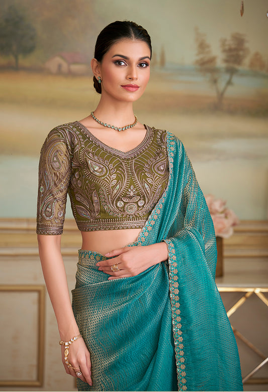 Turquoise Checks Georgette Embroidered Border Party Trendy Saree