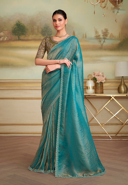 Turquoise Checks Georgette Embroidered Border Party Trendy Saree