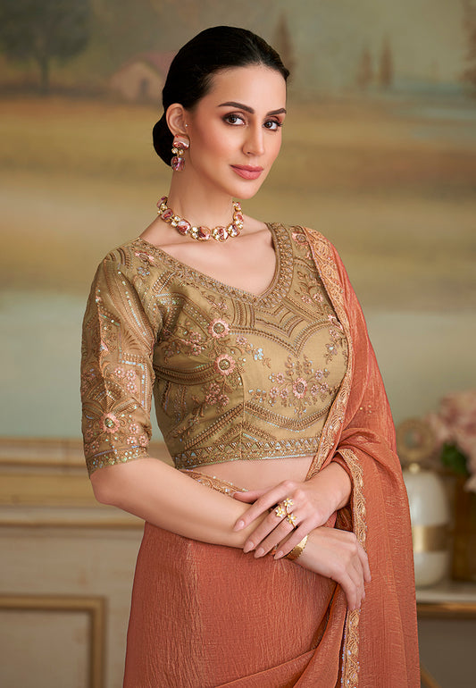 Dark Peach gold Georgette Embroidered Border Party Trendy Saree