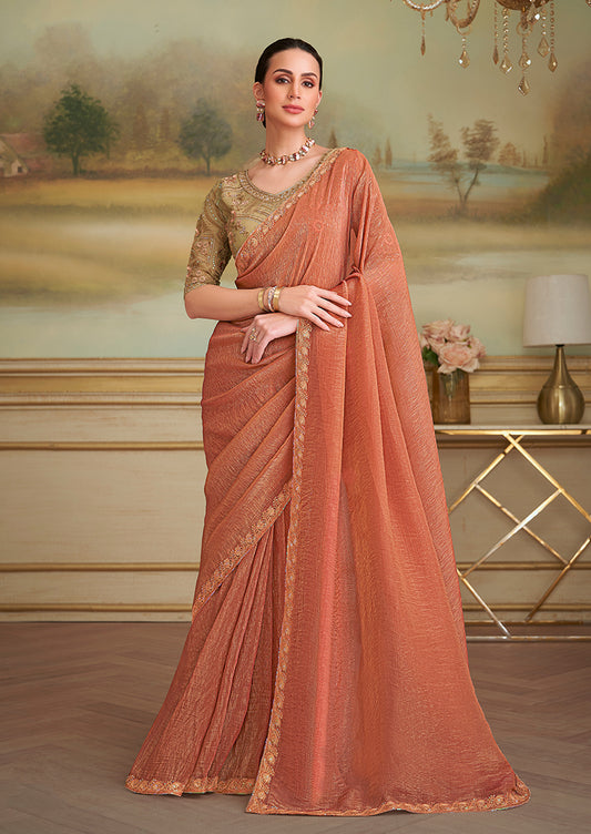 Dark Peach gold Georgette Embroidered Border Party Trendy Saree