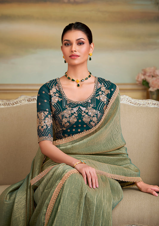 Pista Green gold Georgette Embroidered Border Party Trendy Saree