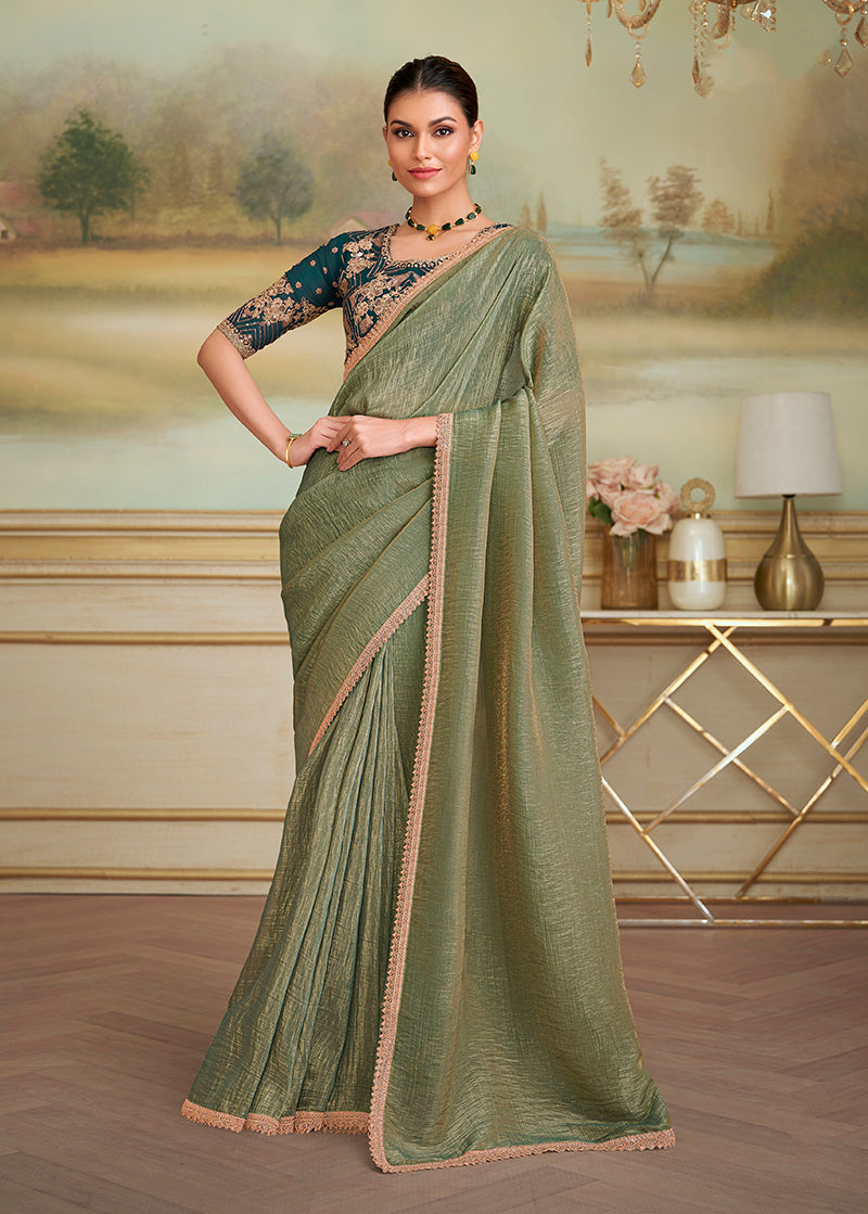 Pista Green gold Georgette Embroidered Border Party Trendy Saree