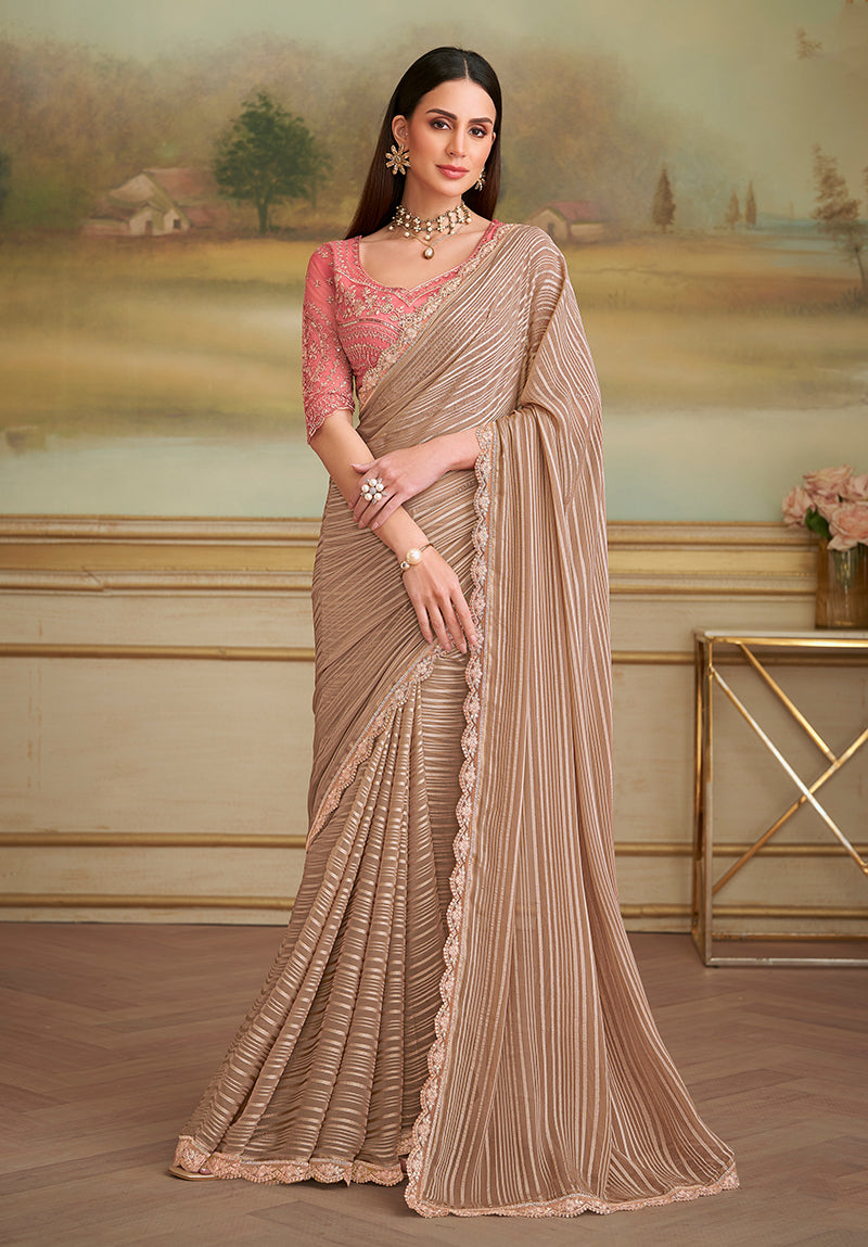 Chiku gold satin Georgette Embroidered Border Party Trendy Saree
