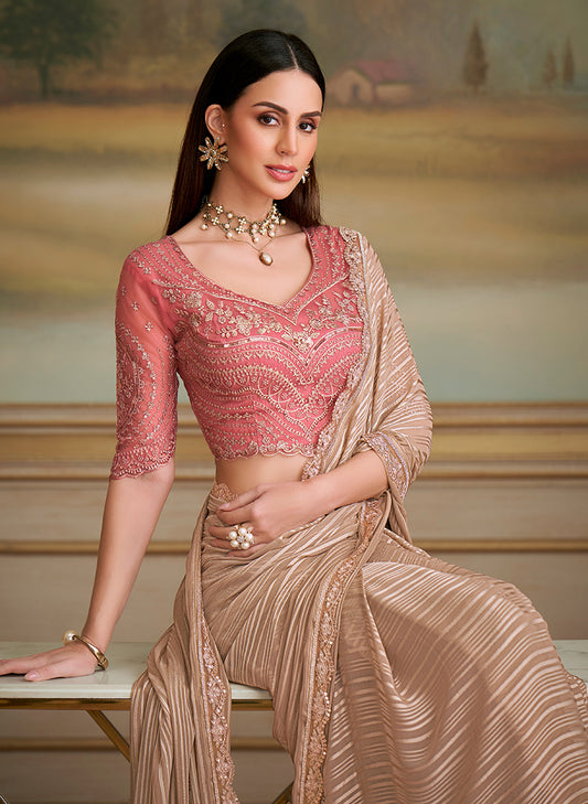 Chiku gold satin Georgette Embroidered Border Party Trendy Saree