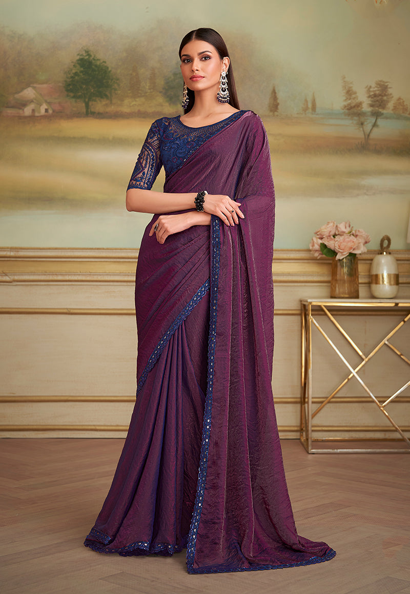 Dark Magenta Twin shaded Georgette Embroidered Border Party Trendy Saree