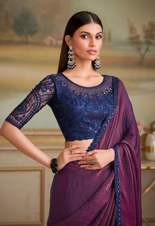 Dark Magenta Twin shaded Georgette Embroidered Border Party Trendy Saree