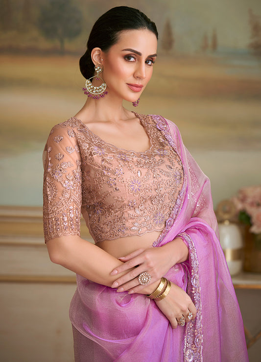 Lilac Tissue Georgette Embroidered Border Party Trendy Saree