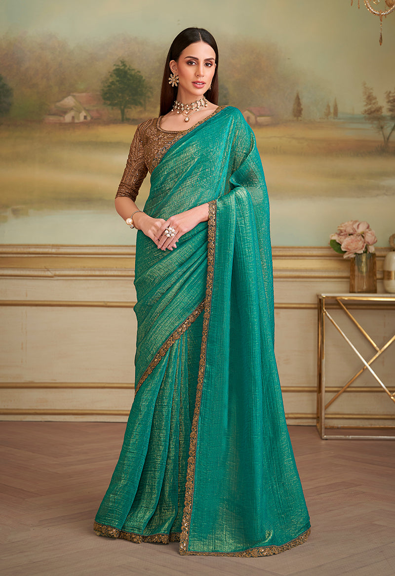 Sea green Gold Georgette Embroidered Border Party Trendy Saree
