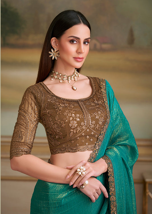 Sea green Gold Georgette Embroidered Border Party Trendy Saree